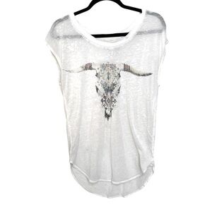 CHASER Boho Semi Sheer Short Sleeve T-Shirt Cow Bull Skull White XS